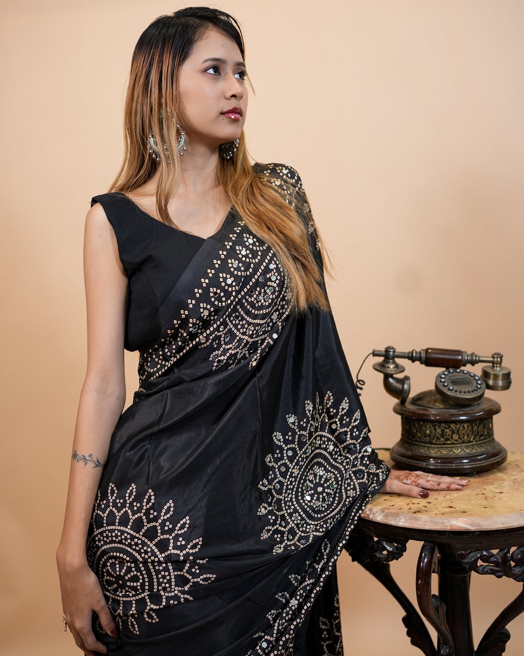 Black Saree with Gold-Tone Geometric Floral Motif — full drape, view one