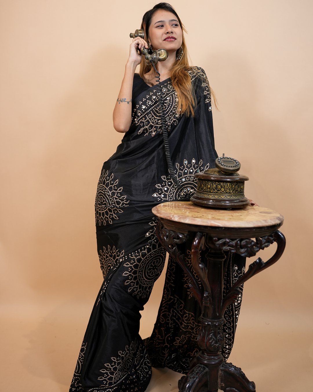 Black Saree with Gold-Tone Geometric Floral Motif — detail, view two