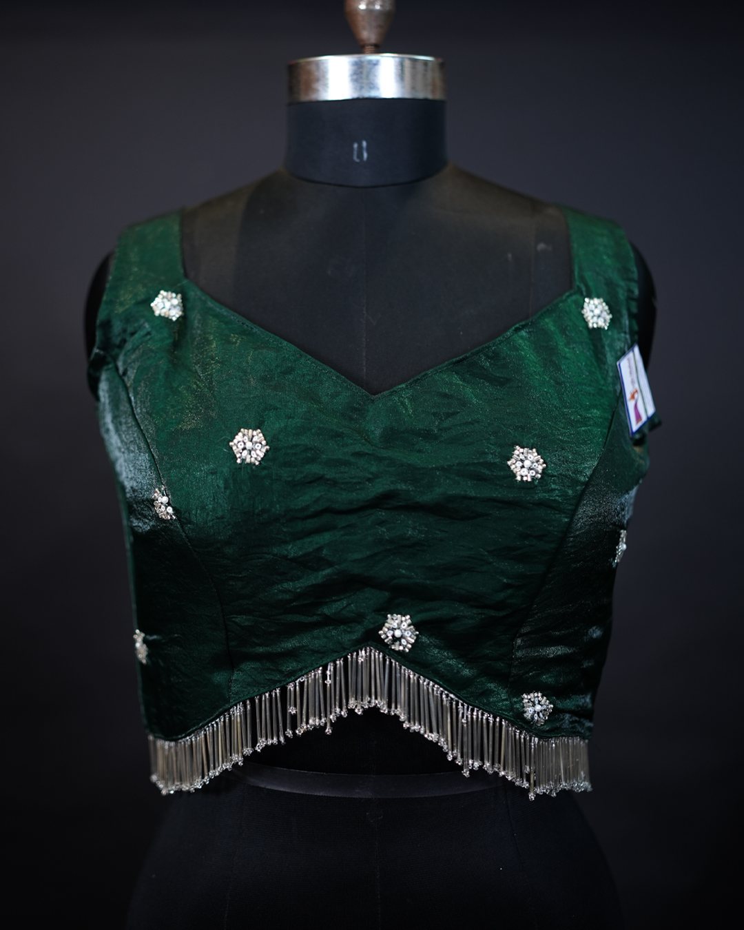 Emerald Green Embellished Draped-Edge Blouse — front view
